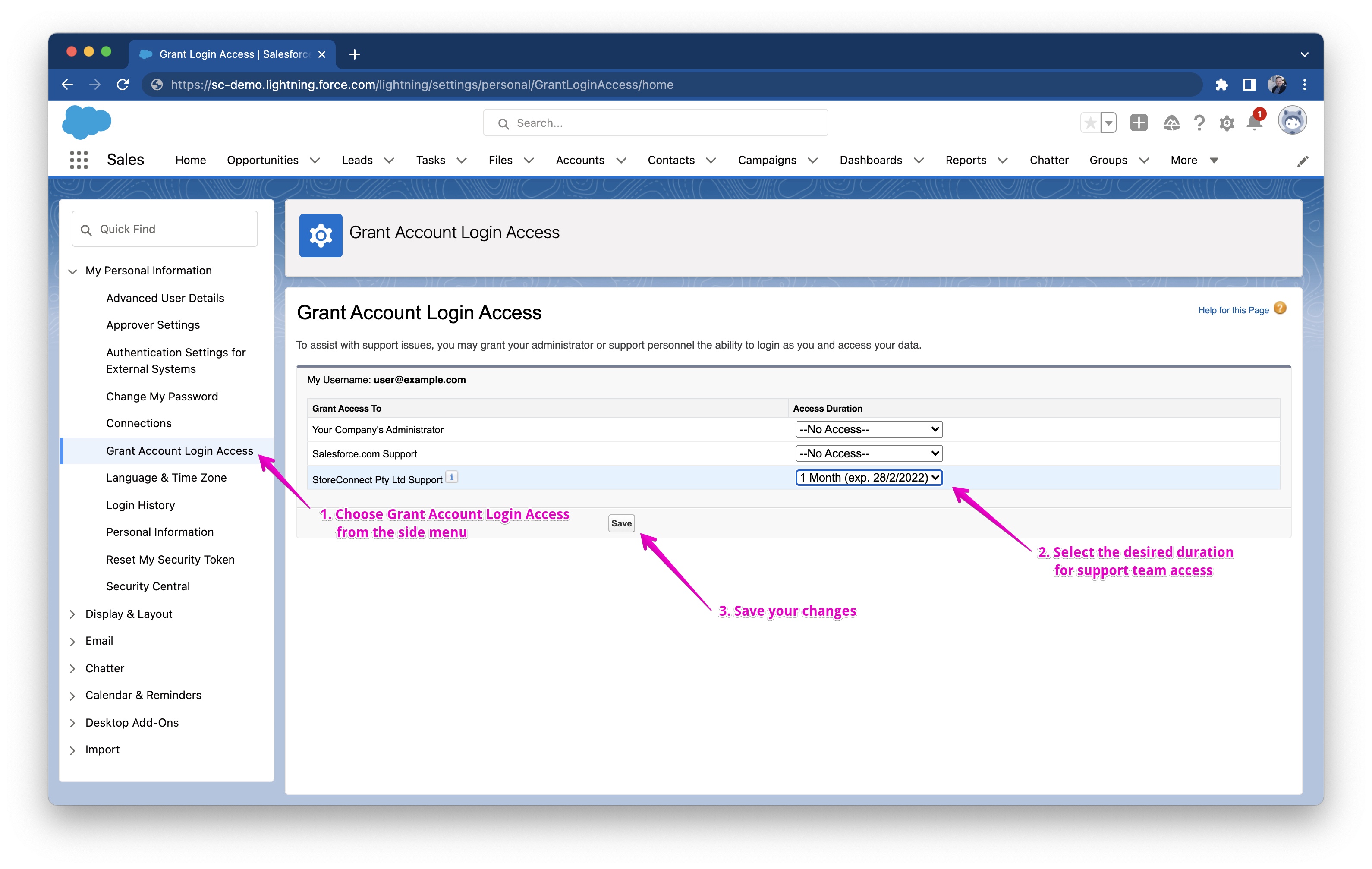 Selecting desired duration to grant login access for