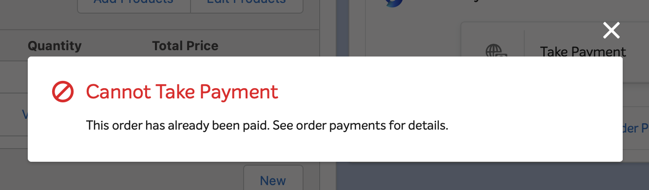 An example error message that indicates the order has already been paid